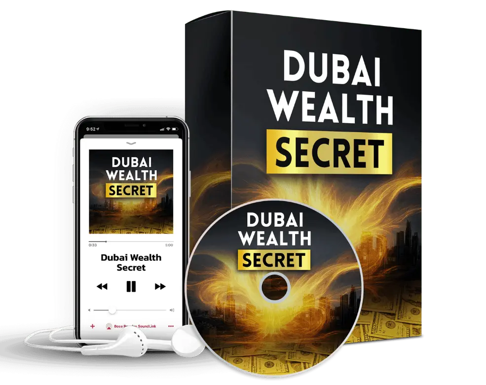 "Dubai Wealth Secret complete digital package showing the 5-minute audio track on a smartphone, CD, and box with money background."